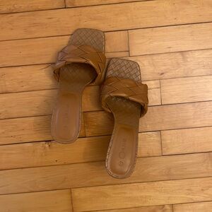 Gently used, tan, size 9, braided, block heel sandal
